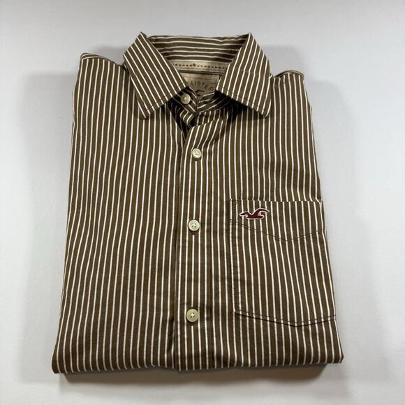 Hollister Vintage Y2K Logo Striped Oxford Button Shirt Brown Mns Medium - Picture 1 of 10